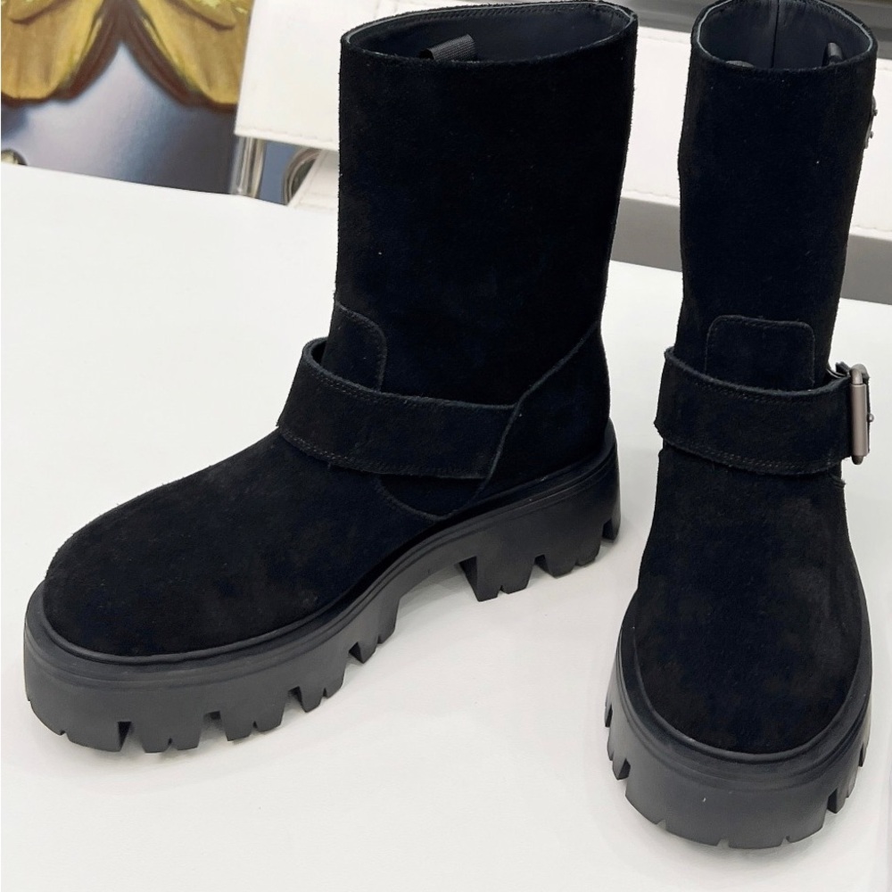 Women's Prada Black Suede Triangle Logo Buckle Chunky Platform Mid-Calf Boots - Picture 4 of 8